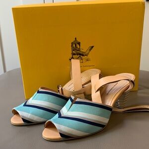 Pilcro and the Letterpress Aqua and Navy Striped Mules